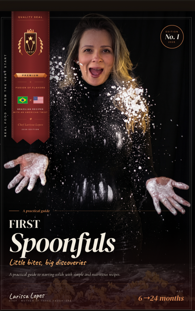 Mockup enviado de First Spoonfuls, Livro I de Larissa Lopes, com a chef em meio à farinha