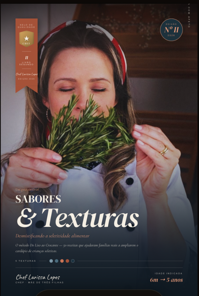 Mockup enviado de Sabores & Texturas, Livro II de Larissa Lopes, com a chef segurando alecrim
